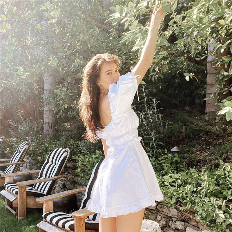 Square neck puff sleeve waist slimming dress