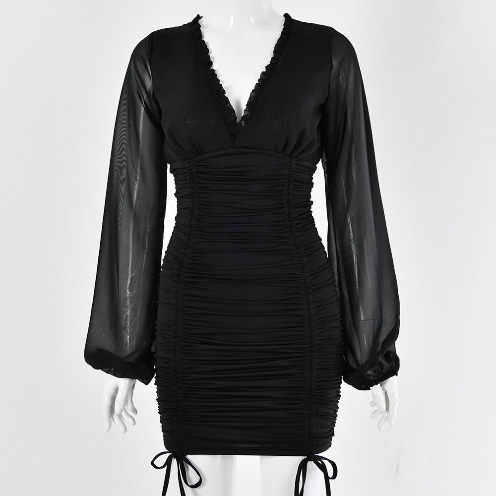 New Deep V Sexy Bodysuit Hip Skirt Bandage Pleated Dress