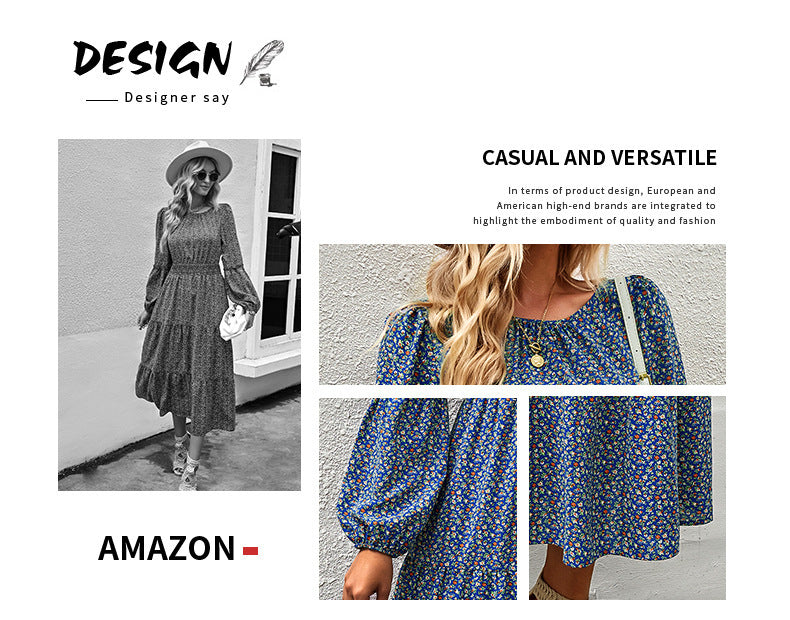 European And American Printed Lantern Sleeve Round Neck Smocking Dress