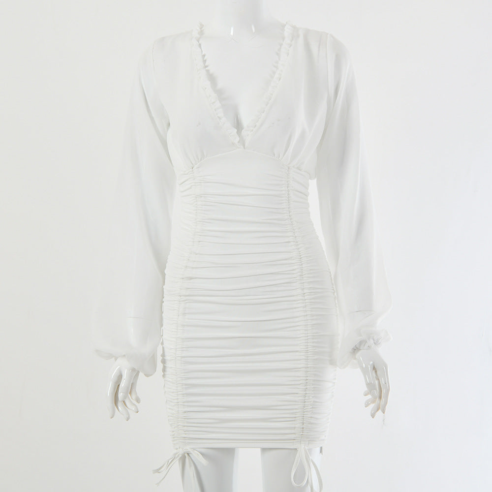 New Deep V Sexy Bodysuit Hip Skirt Bandage Pleated Dress