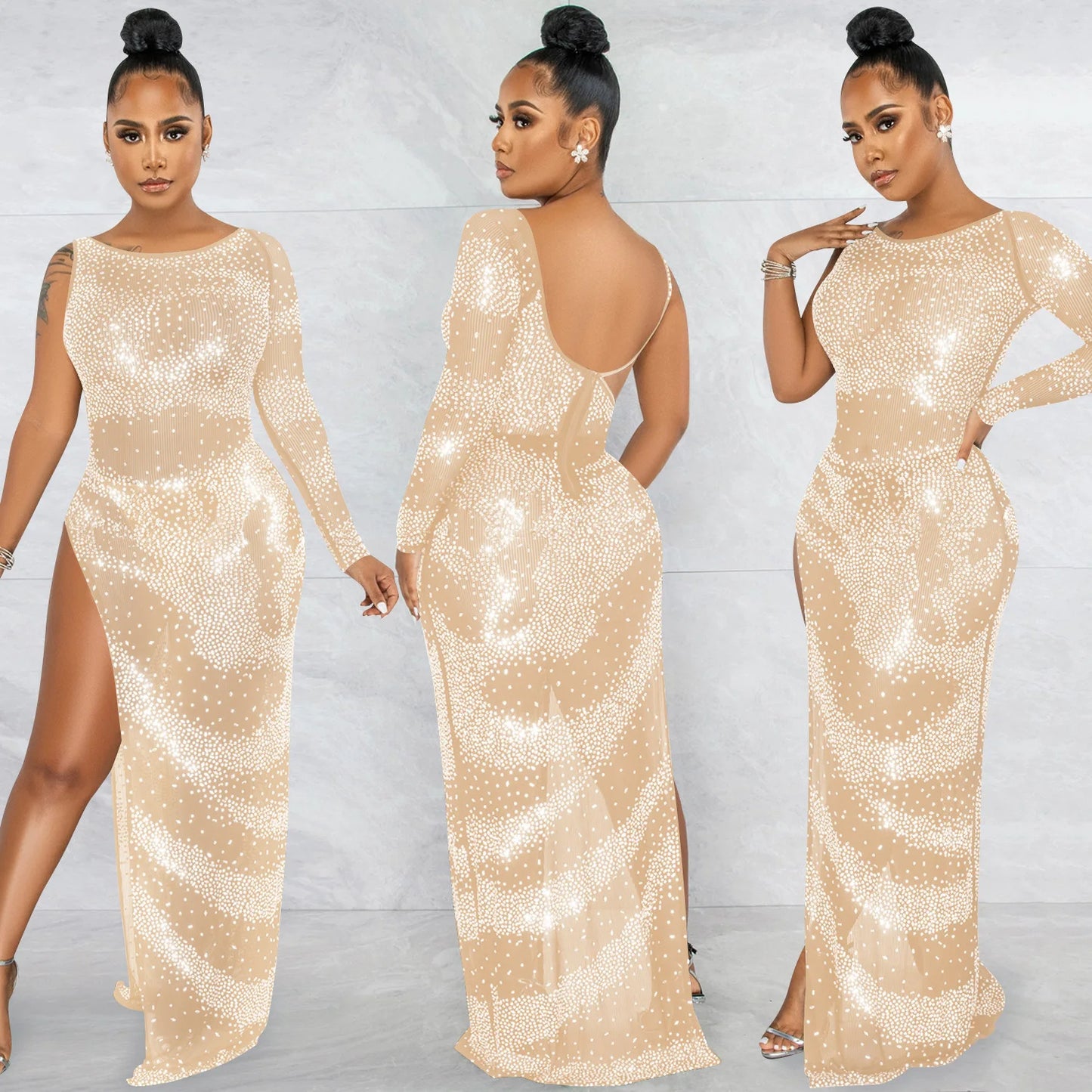 Fashion Nightclub Hot Drilling Single Long Sleeve Irregular Slit Maxi Dress