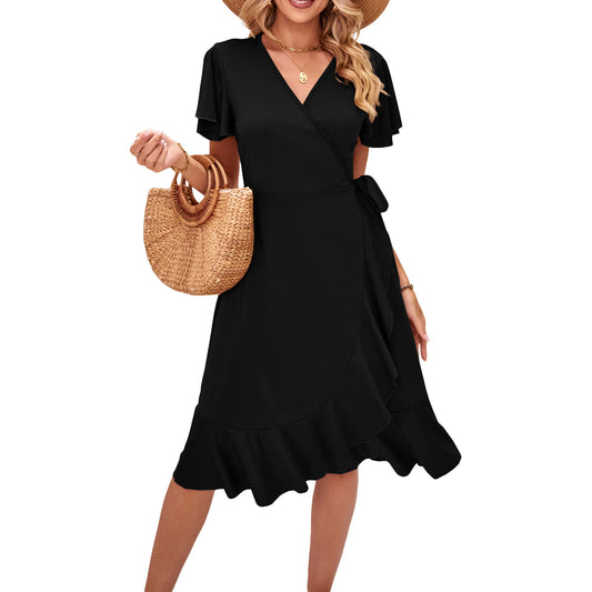 Cross V-neck Short Sleeve Lace-up Dress Irregular Tight Skirt
