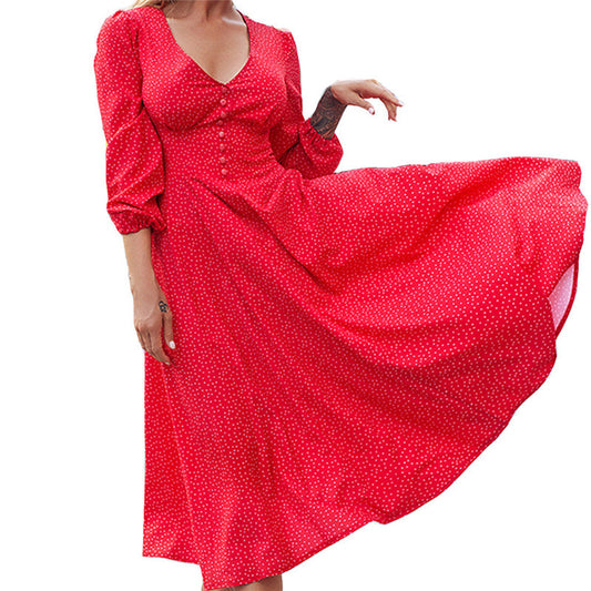 Red polka dot long sleeve mid-length dress