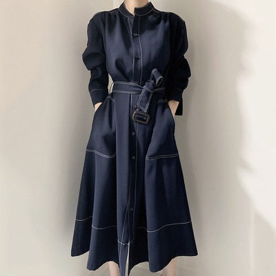 Women's long-sleeved shirt skirt with lace-up waist slimming
