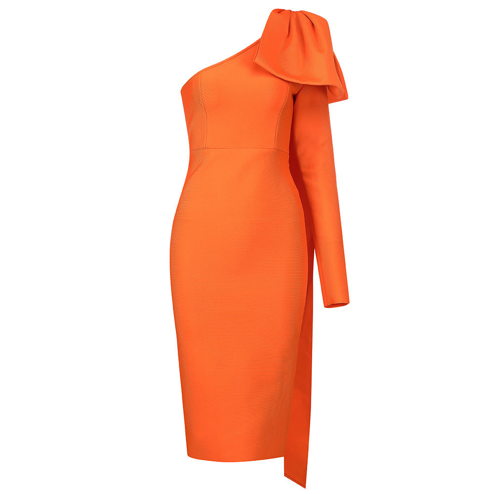 One-shoulder design bow bandage dress women