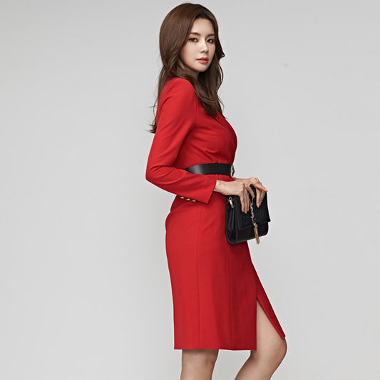 Suit collar mid length waistband dress with belt