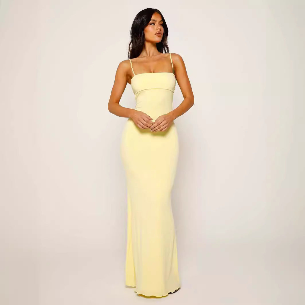 Women's Double-layer Anti-transparent Slim Fit Backless Sling Solid Color Dress