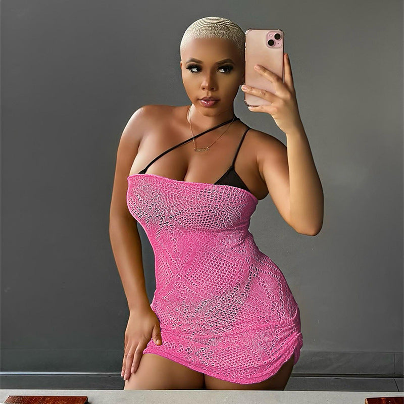 European And American Fashion Sexy Hot Girl Sleeveless Tube Top See-through Hollow Sheath Dress