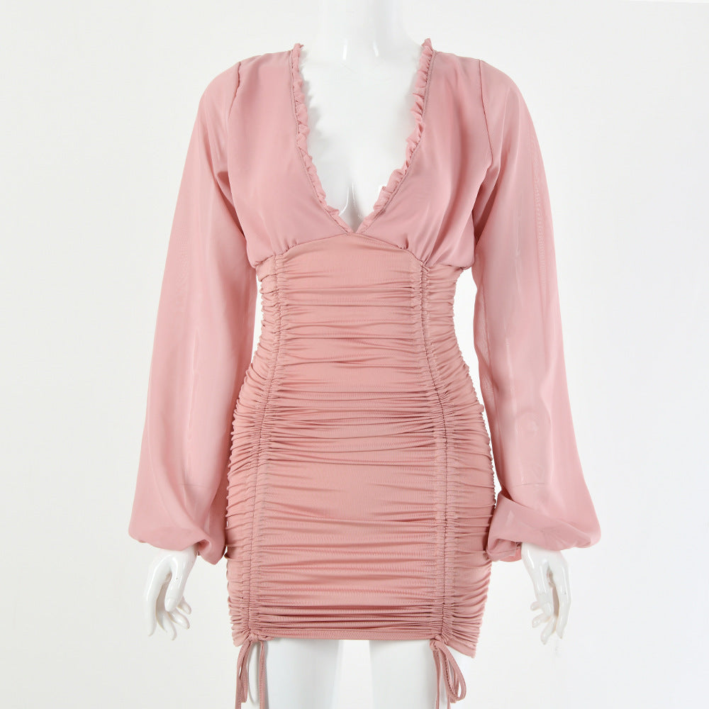 New Deep V Sexy Bodysuit Hip Skirt Bandage Pleated Dress