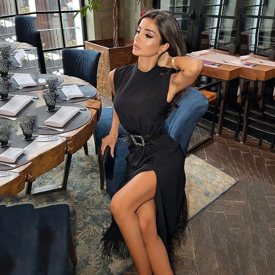 Temperament Waist-controlled Slimming Slit Fashionable Elegant Diamond Belt Bandage One-piece Dress