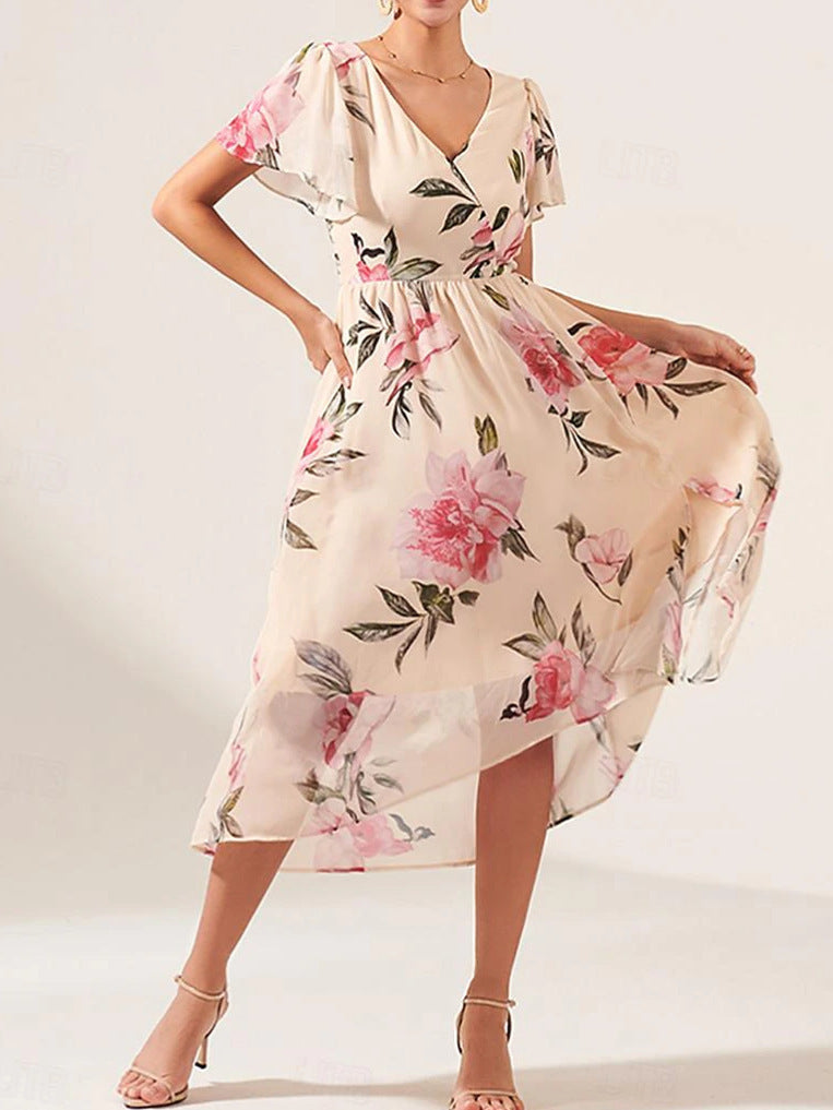 Floral A-Line V-neck Mid-length Slim-fit Printed Dress| Womens Day Dresses