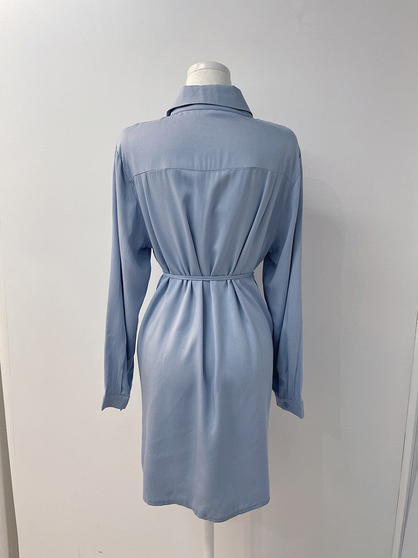 Lapel Tied Long Sleeve Shirt High Waist Side Pleated Suspender Dress For Women