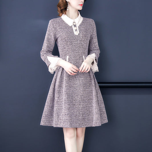 Doll Collar Long-sleeved Small Incense Wind Dresses Female Thin Medium-length A-line Dress