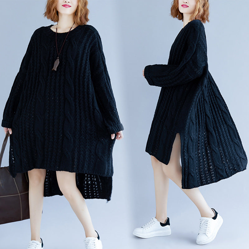 Women's round neck slit long sleeve solid color twist sweater dress