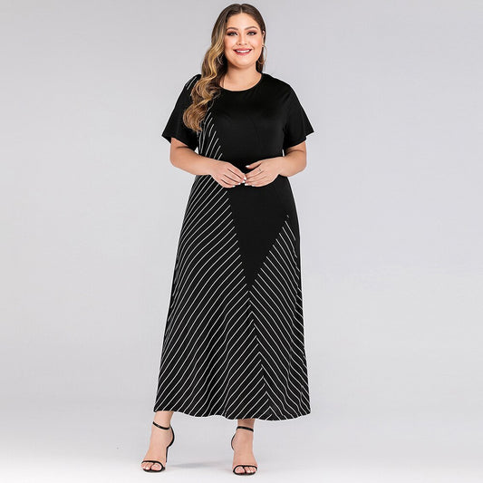 Big Size Women Dress Black Round Neck Short Sleeve Contrast Color Stripe Patchwork Maxi Dresses