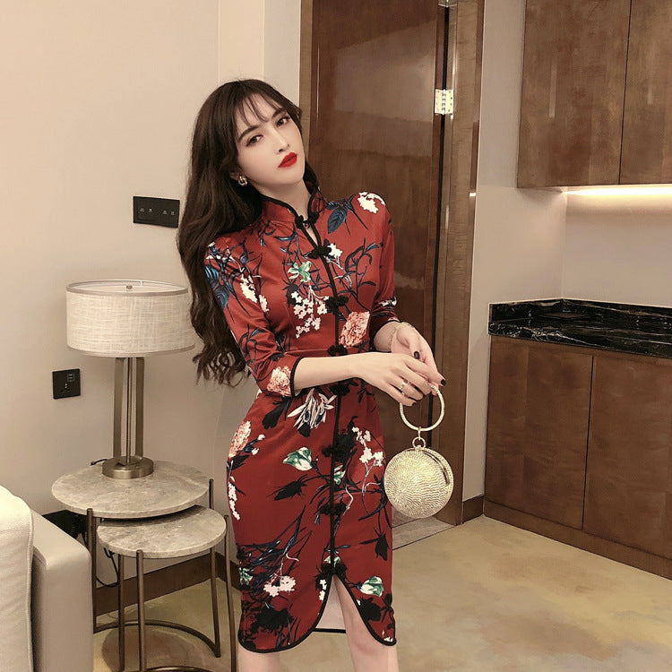 Hollow retro flower cheongsam mid-length slit dress