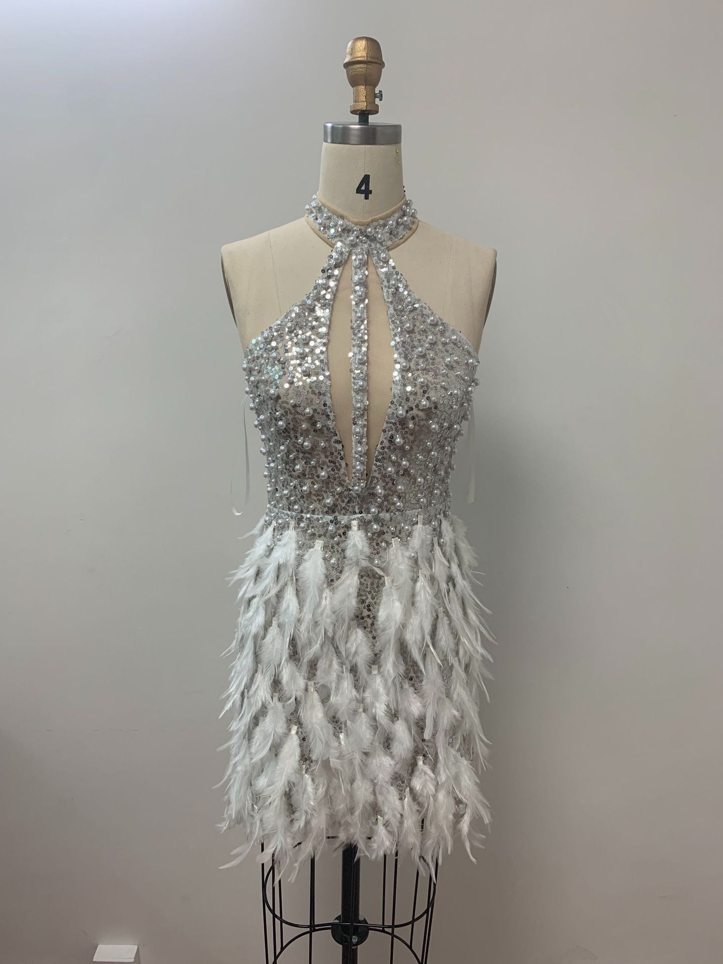 Sequined Feather Skirt Hollow-out Halter Dress
