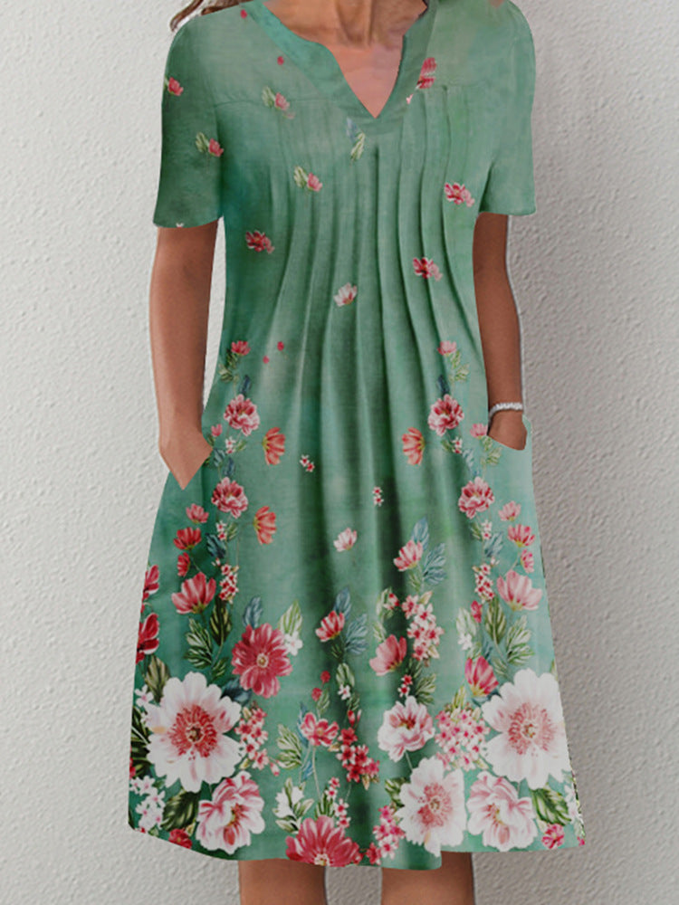 Casual Floral Round Neck Mid-Length Straight Dress
