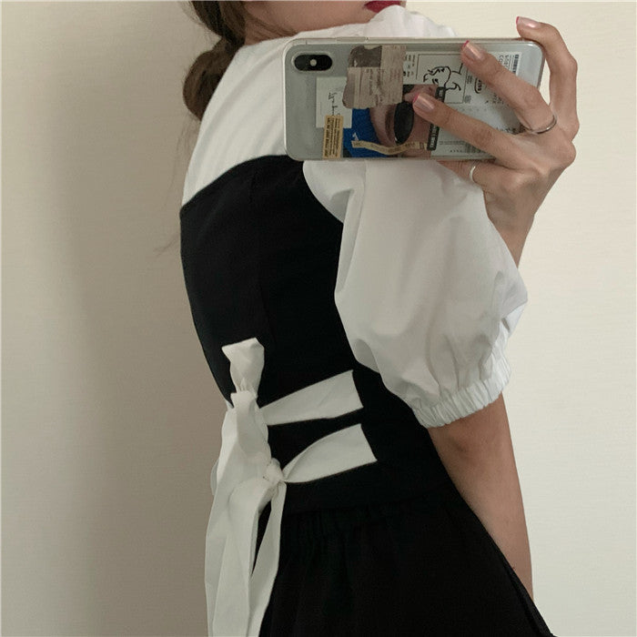 Temperament back tie waist puff sleeve dress
