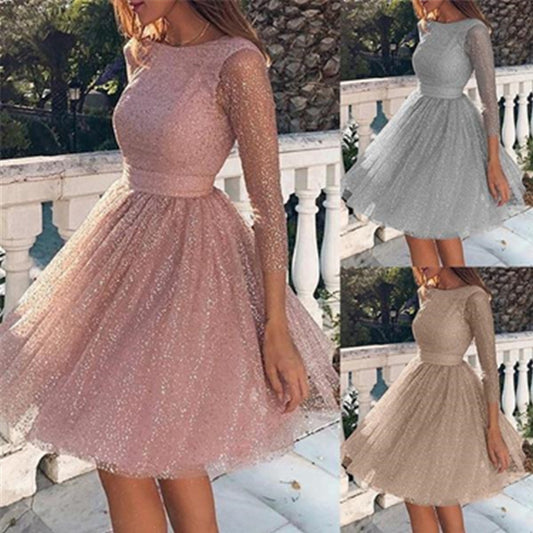 Round neck long sleeve see-through dress