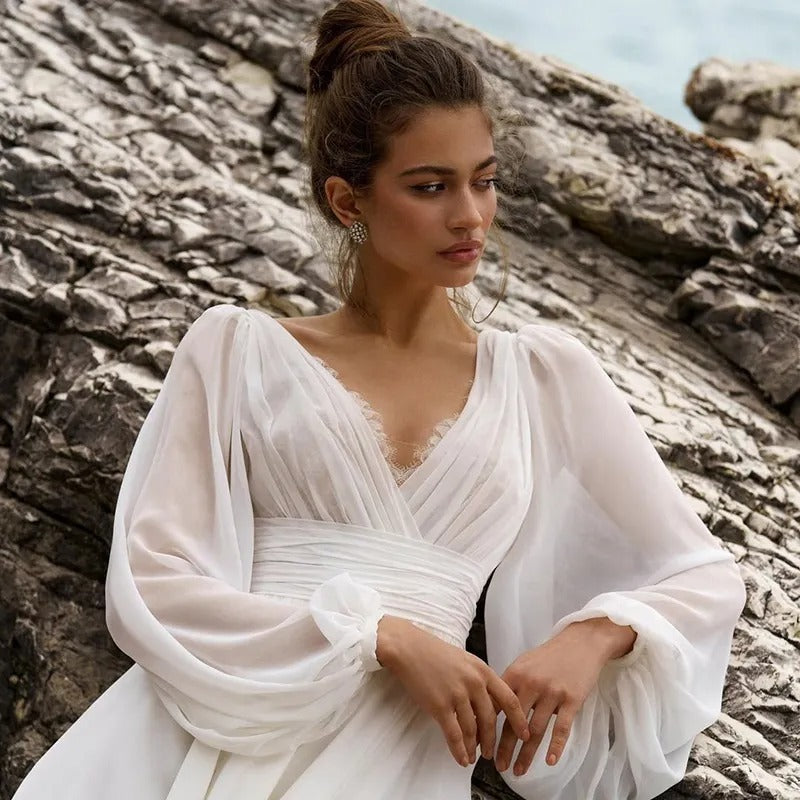 Boho Beach Wedding Dress Puff Sleeve V Neck Bridal Gown