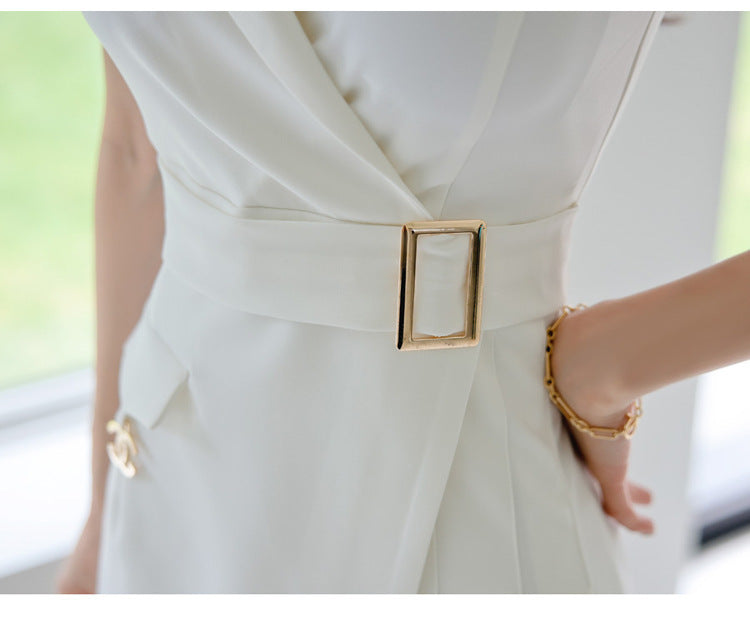 Elegant Suit Collar Waist Slim Fit Stitching Pleated Dress