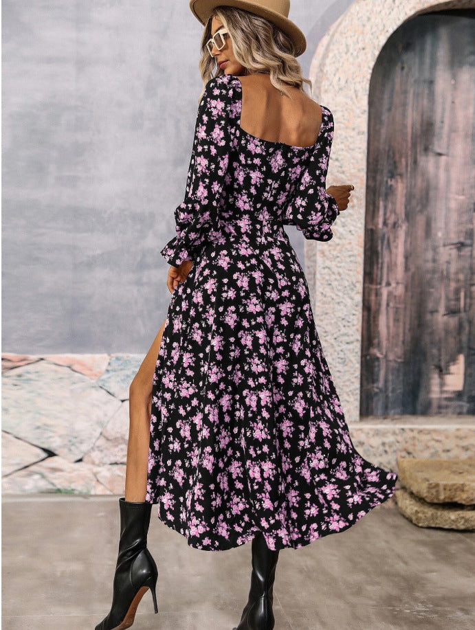 Boho Breeze Split Maxi Dress Printing Long Sleeve  Square-neck Bottom Slit Dresses Boho Style 2025