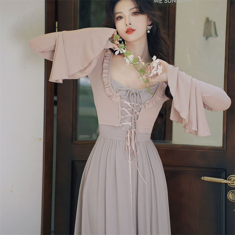 Retro Gentle Elegant Style Dress Knitted Square Collar Suspender Dress
