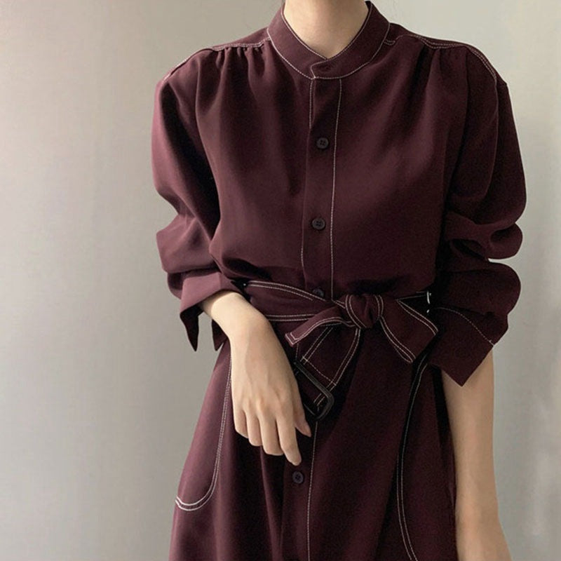 Women's long-sleeved shirt skirt with lace-up waist slimming