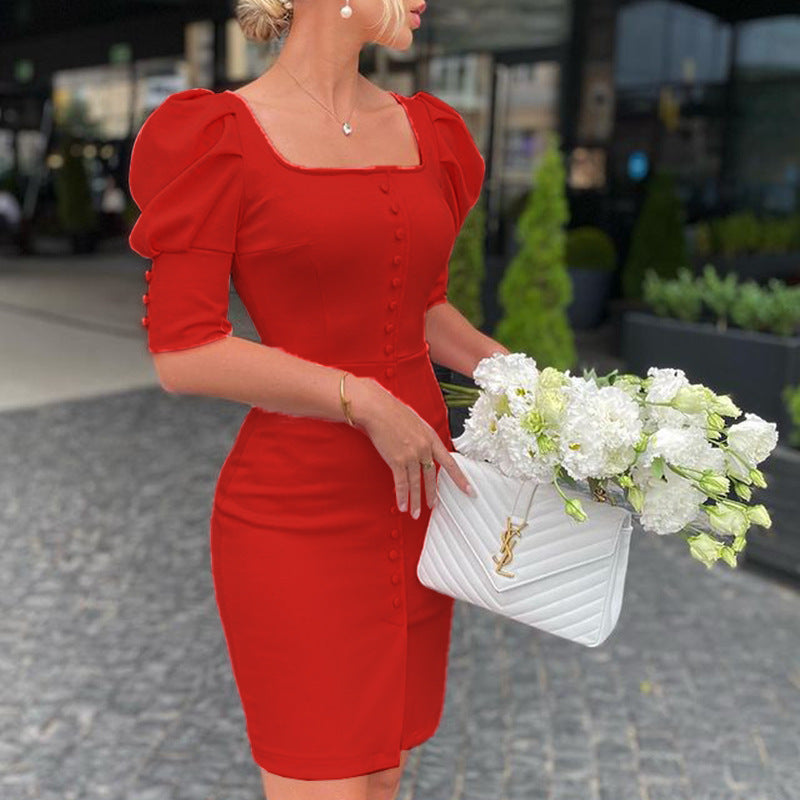 Fashion Square Collar Half Sleeve Puff Sleeve Dress