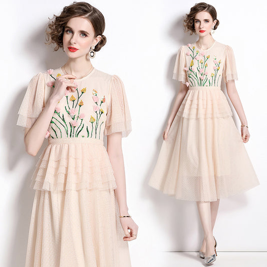 Ladies' Mesh Stitching Sequin Three-dimensional Decoration Flowers Dress