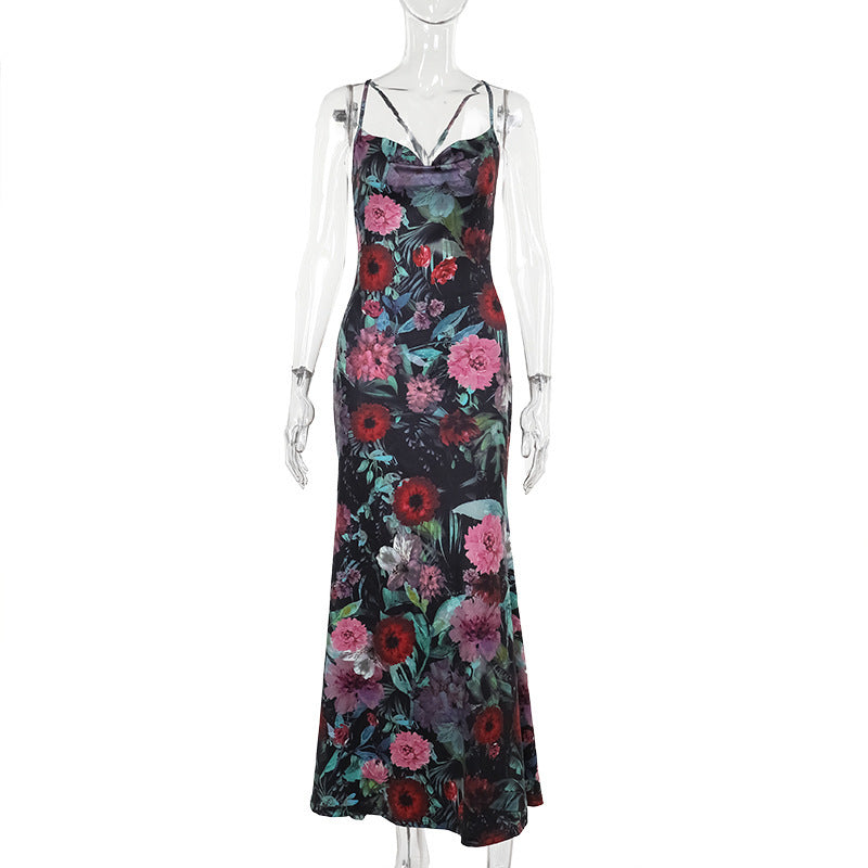 Elegant Black Floral Chinese Style High-Waisted Sling Dress