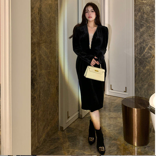 Polyester Slightly Large Size Dress Winter Belly-covering Slimming Sheath Gold Velvet Black Dress A- Line Skirt