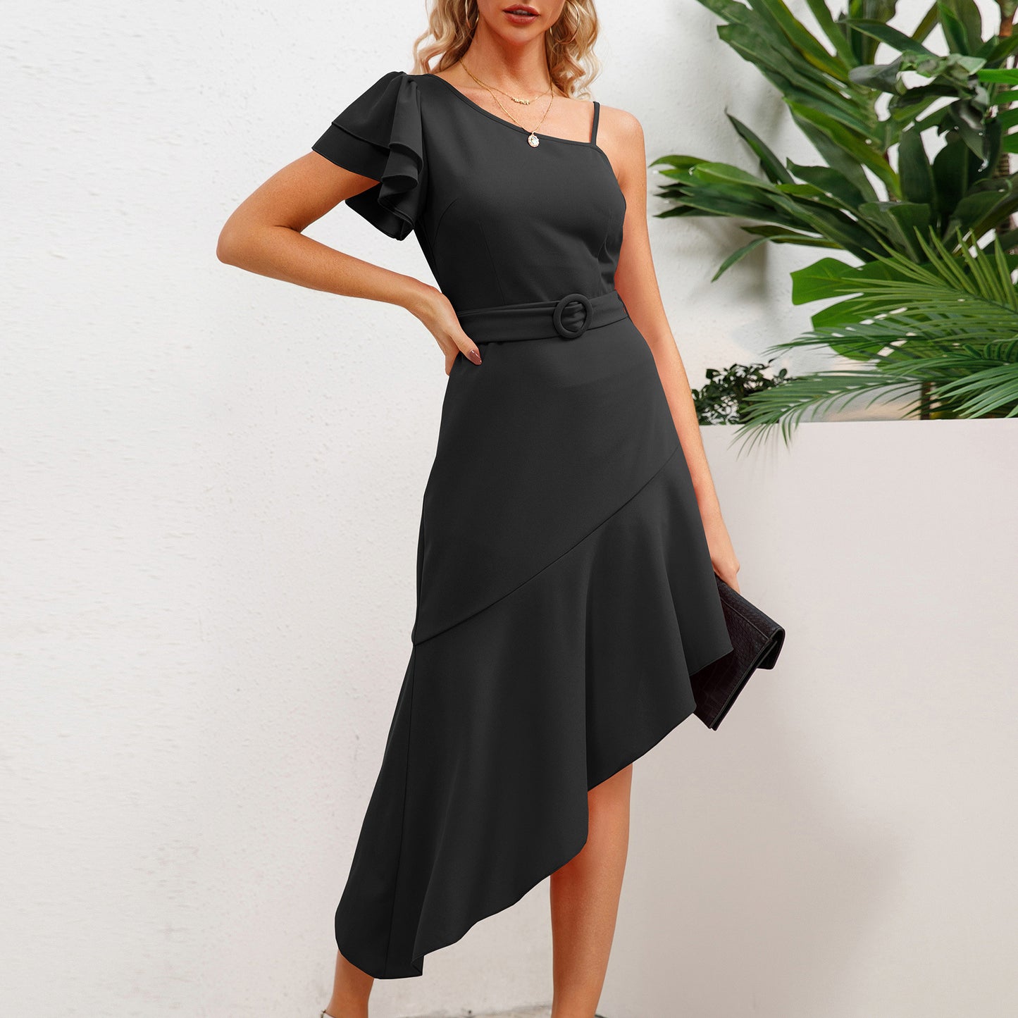European And American High Waist Irregular Hem Dress Ruffled Spaghetti Straps