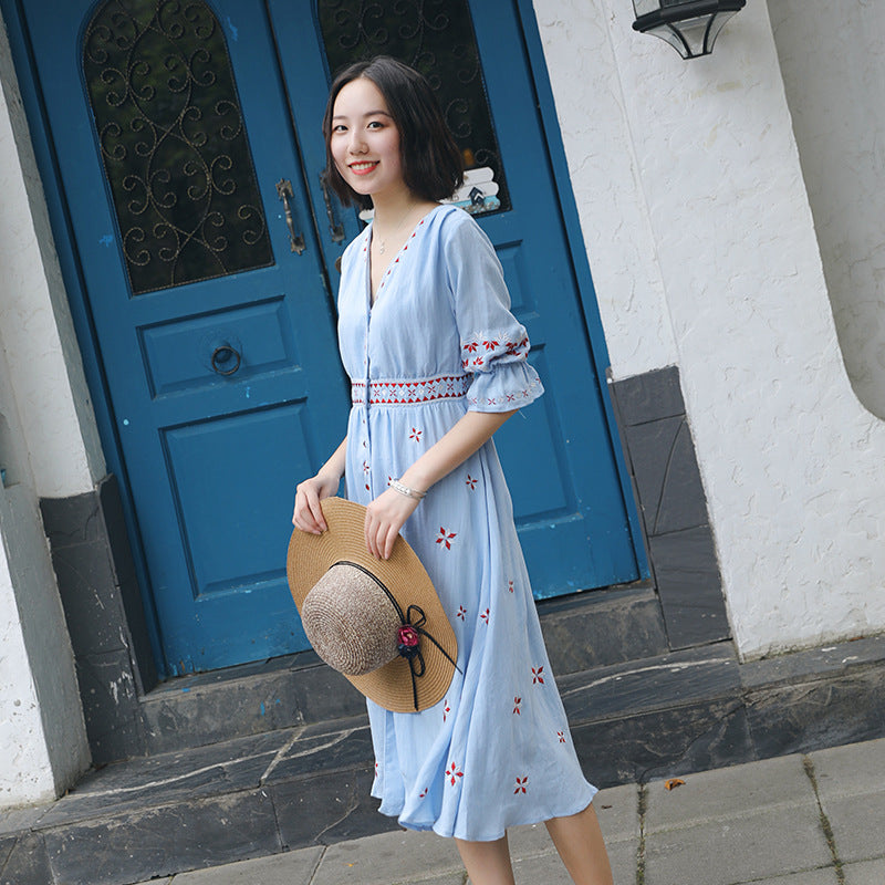 Ethnic Boho Embroidered Dress Women's Beach