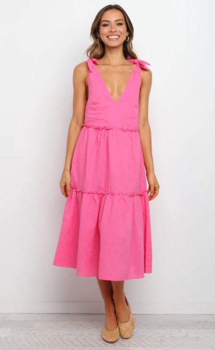 Bow Tie Mid-length Dress With Ruffles