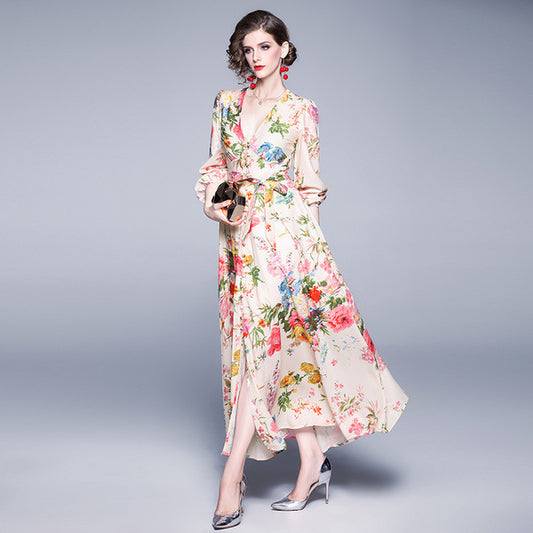 Ladies V-neck long sleeve cotton and linen dress