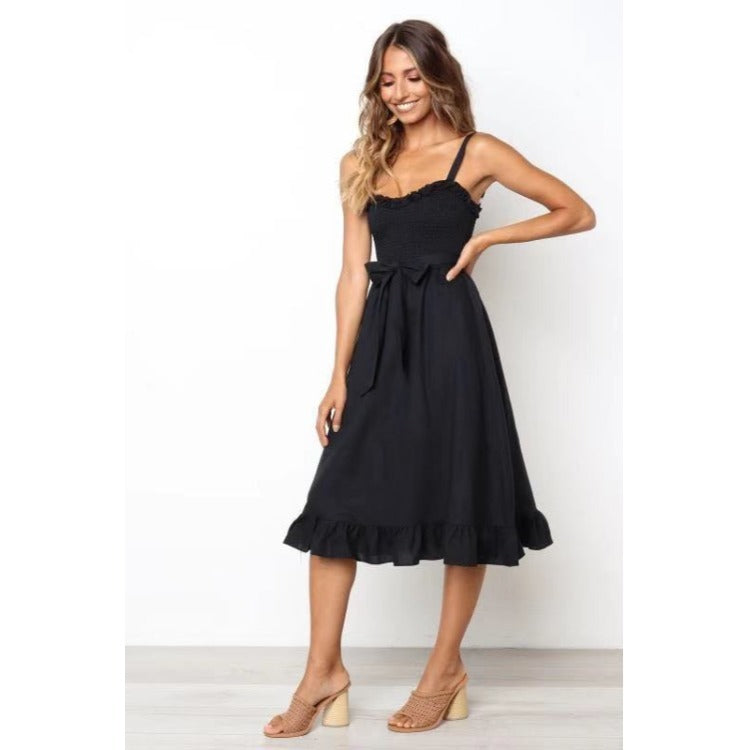 Solid color suspenders elastic bust fungus lace lace ruffled midi skirt