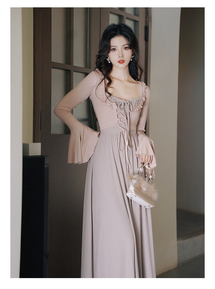 Retro Gentle Elegant Style Dress Knitted Square Collar Suspender Dress