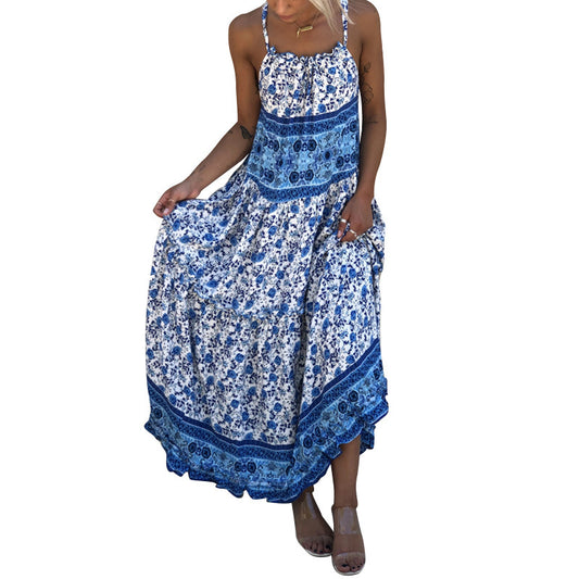Sleeveless suspender print sexy backless dress
