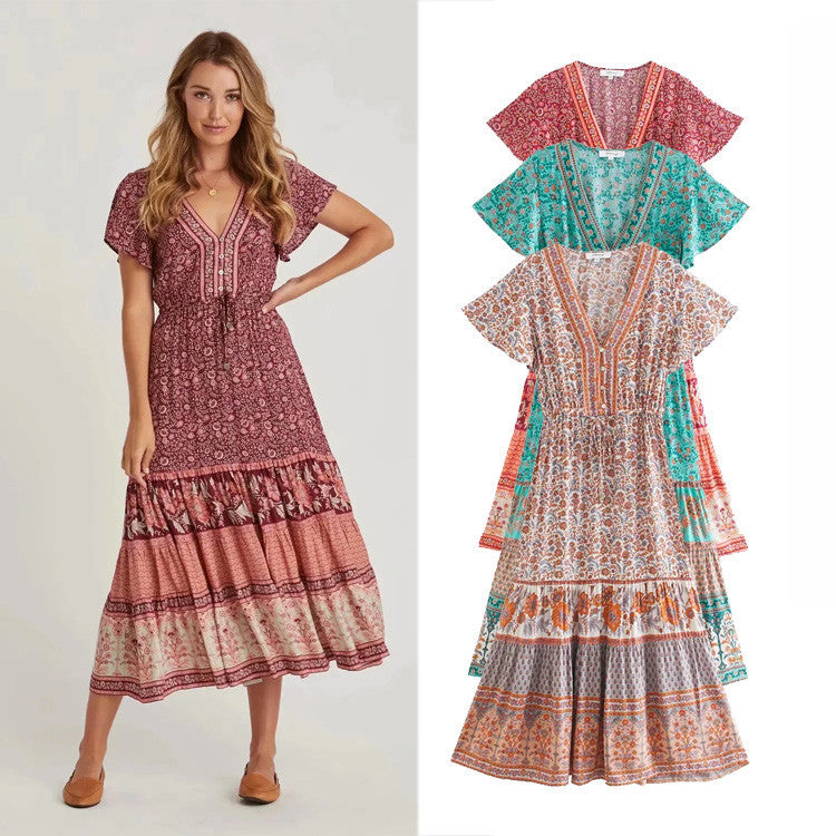 Printed V-neck short sleeve dress