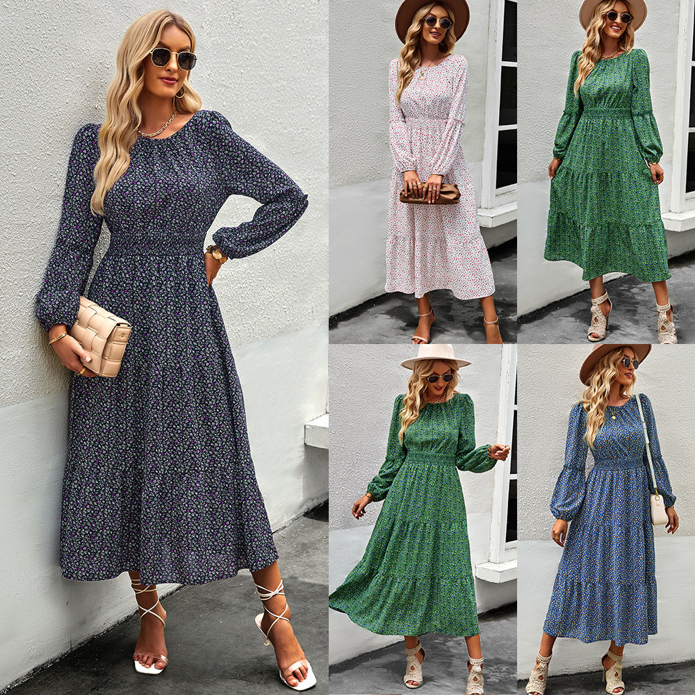 European And American Printed Lantern Sleeve Round Neck Smocking Dress