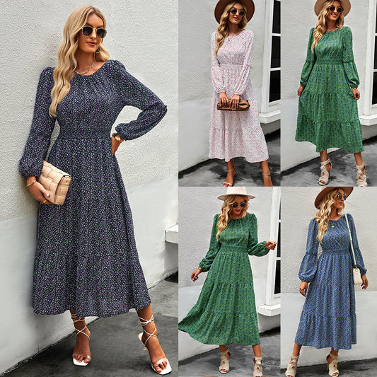European And American Printed Lantern Sleeve Round Neck Smocking Dress