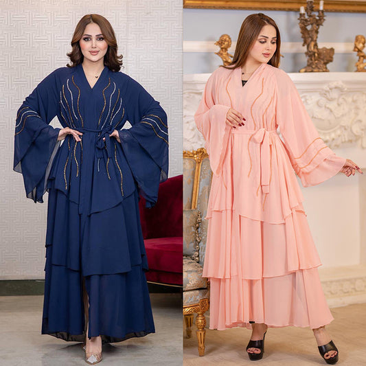 Women's Chiffon Rhinestone Cake Dress With Headscarf