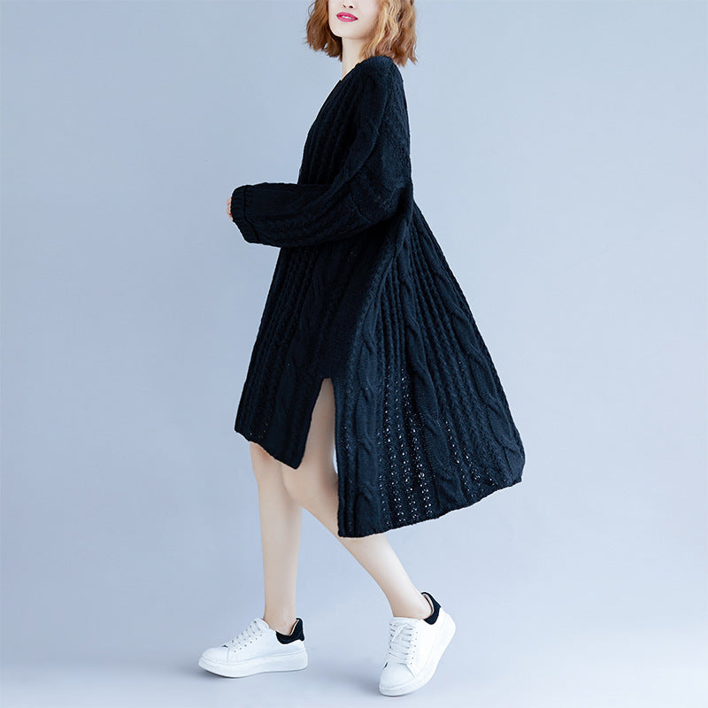 Women's round neck slit long sleeve solid color twist sweater dress