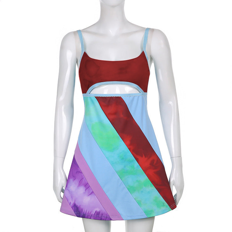 Y2K Aesthetic Patchwork Front Cut Out Stripe Spaghetti Strap Sexy Rave Party Dresses