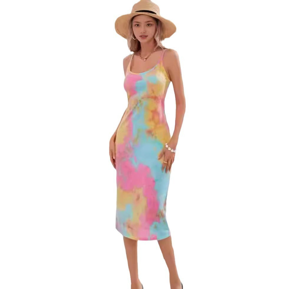 Printed Sleeveless Sling Dress Mid-length Women