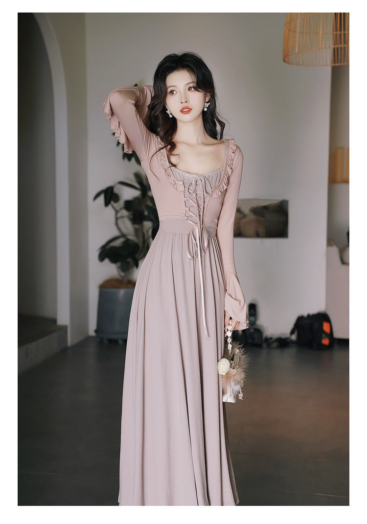Retro Gentle Elegant Style Dress Knitted Square Collar Suspender Dress