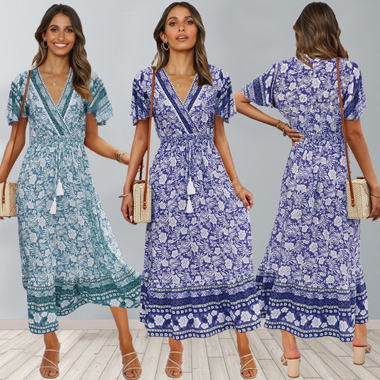 Rayon Retro Print Dress Beach Mid-length