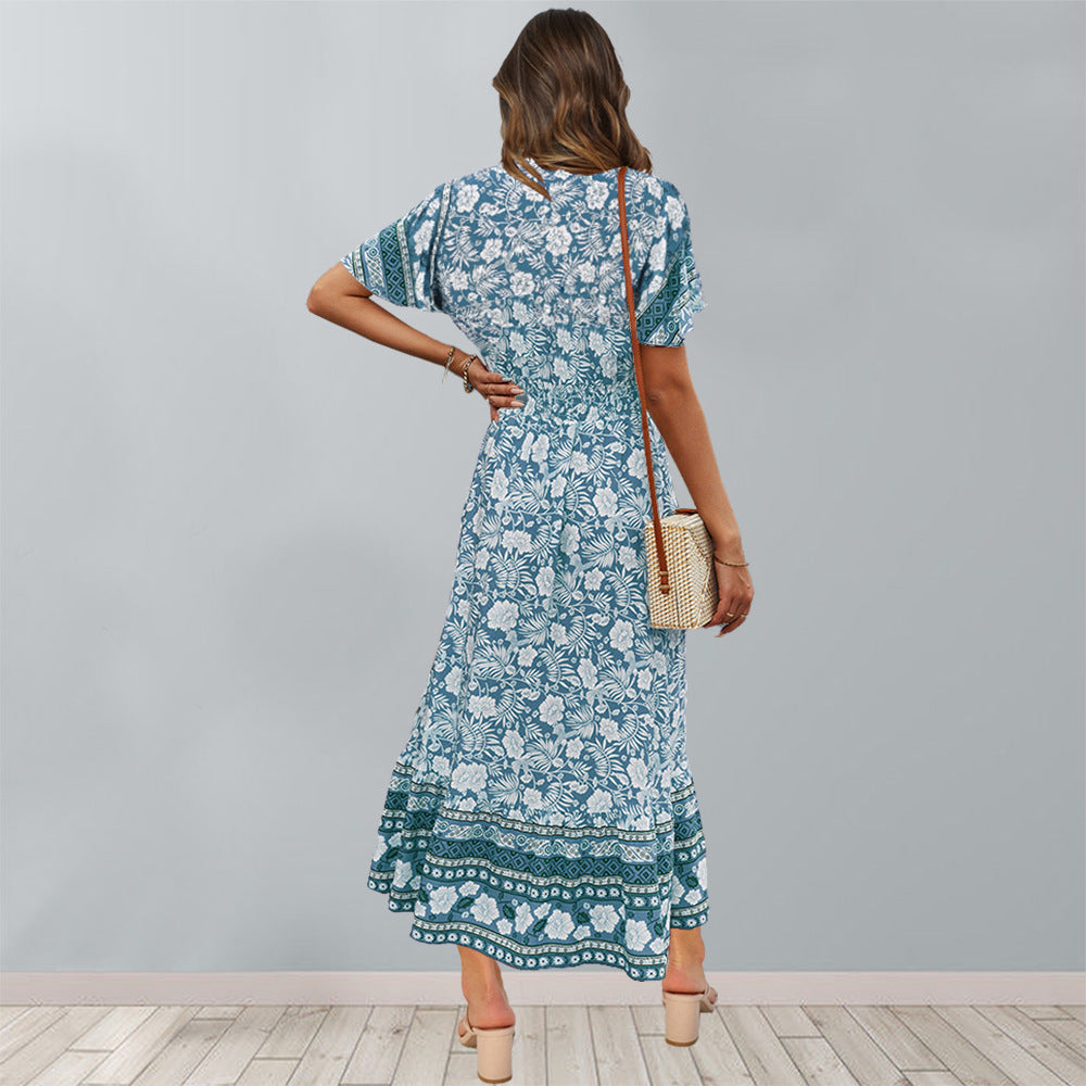 Rayon Retro Print Dress Beach Mid-length